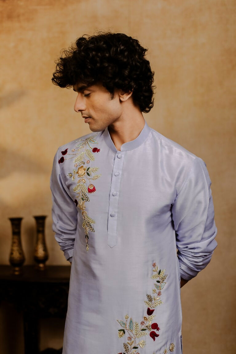 Falling Raw Silk Power Blue Botanical Bloom Kurta Set By Hilo Design