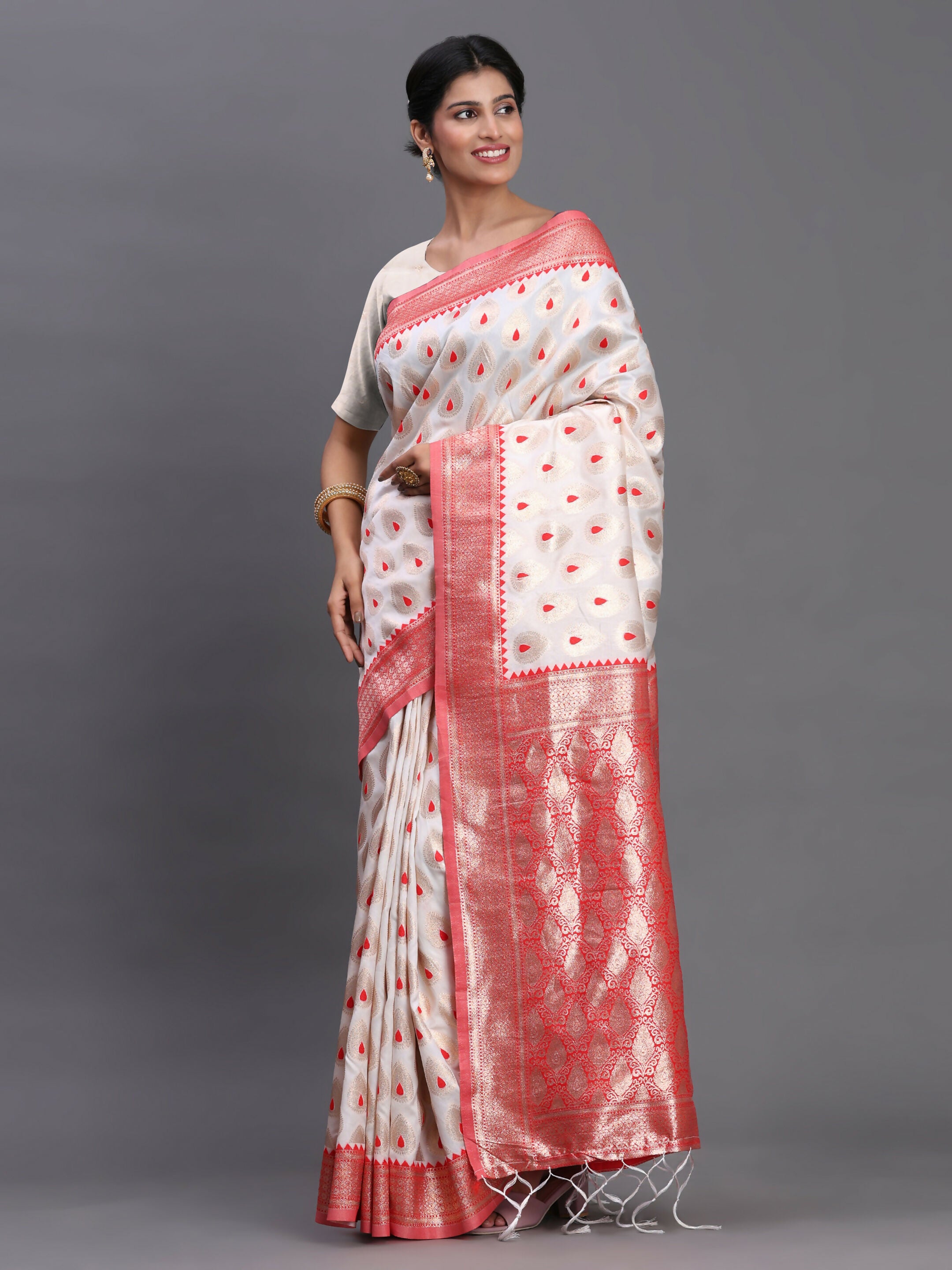 Astita Banarasi Silk Red & White Saree
