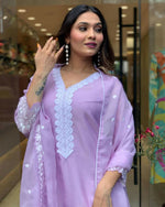 Thumbnail for The52 Lavender Women's Gorgeous Embroidered Georgette Fabric Straight Kurta Pant with Dupatta Set - Distacart