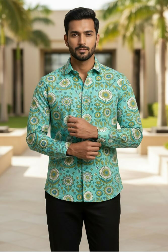 Turiya — Teal Ajrakh Cotton Shirt by Hilo Design - Dista