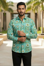 Thumbnail for Turiya — Teal Ajrakh Cotton Shirt by Hilo Design - Dista