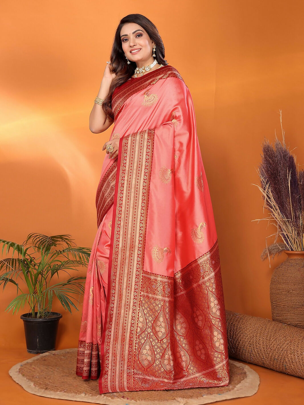 Joban Fashion Banarasi Peach Small Butti Soft Silk Saree