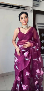 Thumbnail for Malishka Organza Silk Embroidery Ready To Wear Saree With Blouse Piece - Wine - Distacart