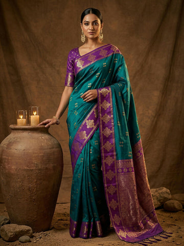 Shree Shyam Fashion Teal Green Soft Silk Saree - Distacart