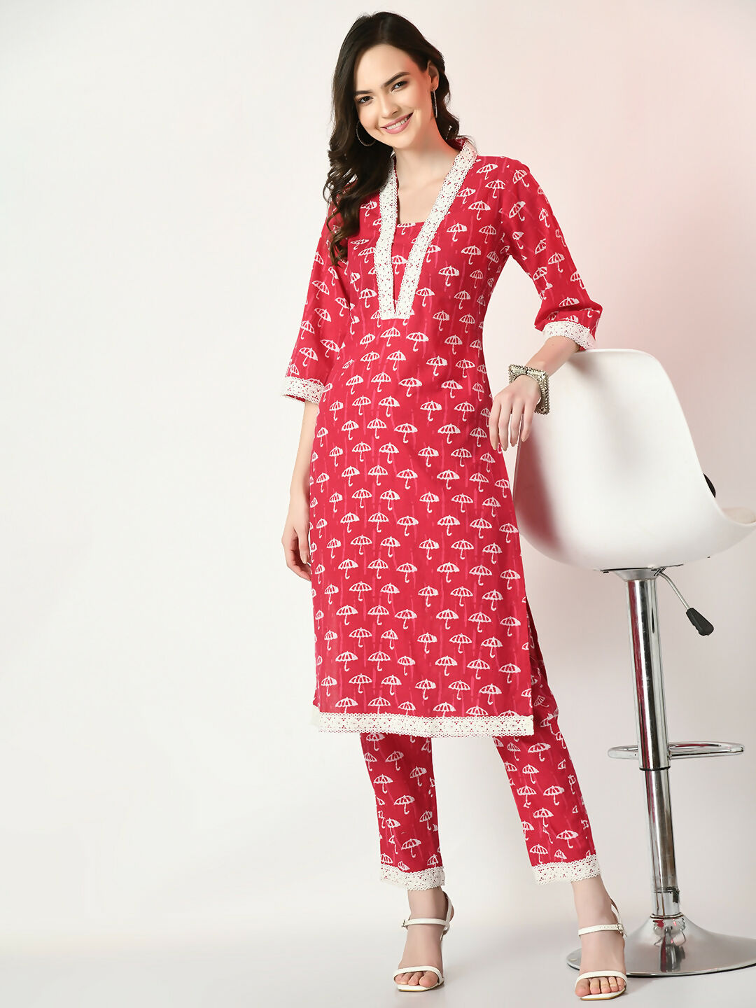 Myshka Women's Pink Printed Kurta With Trousers - Distacart