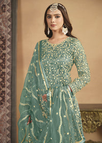 Thumbnail for Net Mint Green Embroidered Festive Gharara Style Suit - Emponline - Distacart