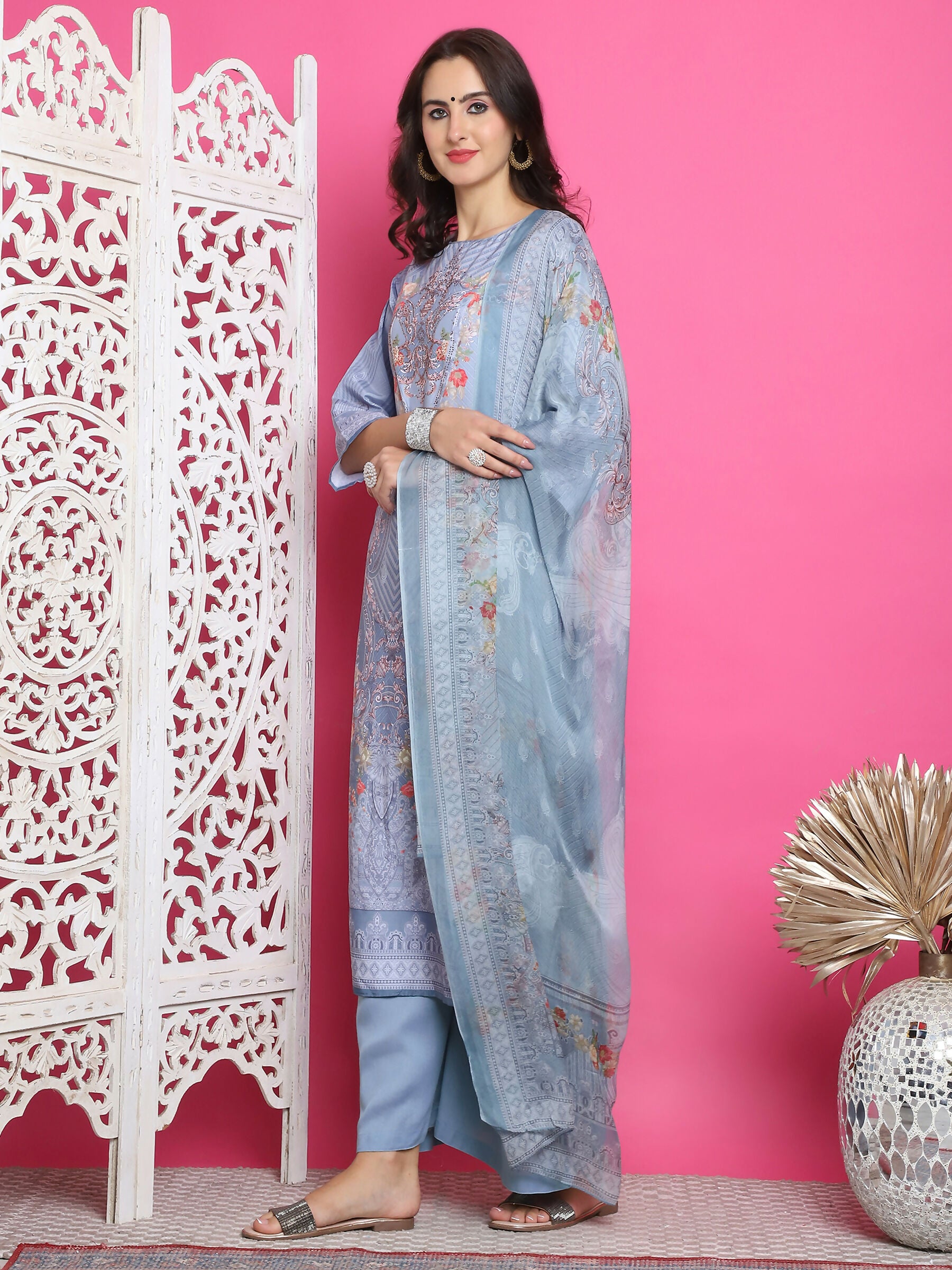 Jyoti Fashion Women's Grey Satin Traditional Digital Print with Crystal work Kurta with Trouser & Dupatta - Distacart