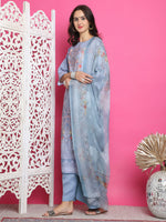 Thumbnail for Jyoti Fashion Women's Grey Satin Traditional Digital Print with Crystal work Kurta with Trouser & Dupatta - Distacart