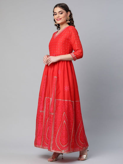 Ahalyaa Women Red Chanderi Khari Printed Dress - Distacart