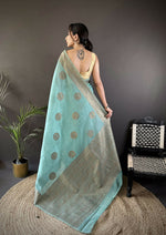 Thumbnail for Joban Fashion Sky Blue Floral & Paisley Linen Silk Banarasi Saree - Distacart