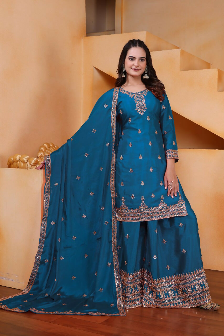 Joban Fashion Teal Silk Embroidered Sharara Set - Distacart