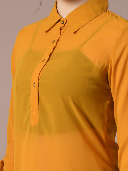 Myshka Women's Yellow Solid Georgette Longline Party Sheer Tunic - Distacart