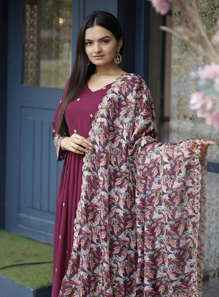 Jyoti Fashion Women's Wine Faux Blooming Sequins with Zari Embroidery Anarkali Dress with Dupatta - Distacart