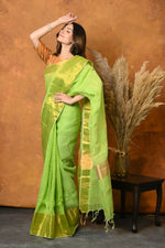 Thumbnail for Very Much Indian Handloom Pure Cotton Linen Saree With Golden Border - Light Green - Distacart