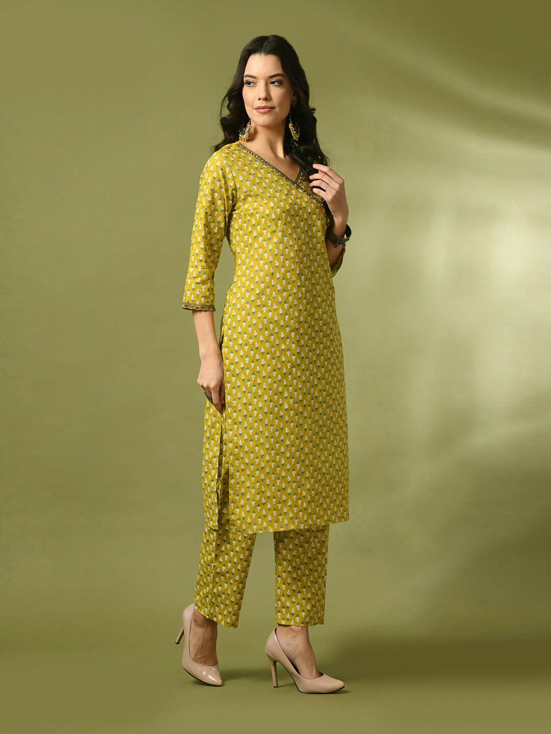Myshka Women's Yellow Printed Cotton Straight Party Kurta Set - Distacart
