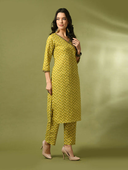 Myshka Women's Yellow Printed Cotton Straight Party Kurta Set - Distacart