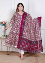 Thumbnail for Miravan Plus Size Women'S Cream Embroidered Cotton Anarkali Kurta And Dupatta - Distacart