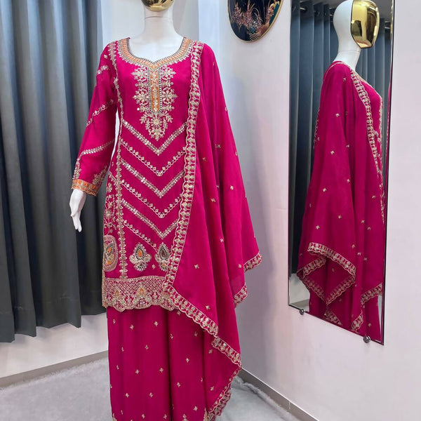 Teeya Creation Rani Color Chinon Silk Party Wear Trending Palazzo Set - Distacart