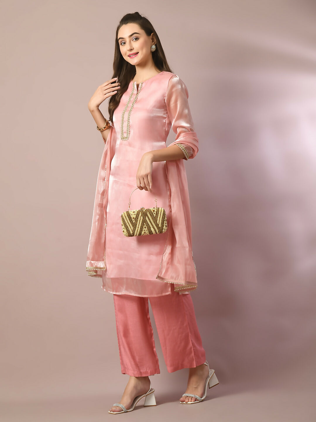 Myshka Women's Pink Solid Straight Party Kurta Set With Dupatta - Distacart