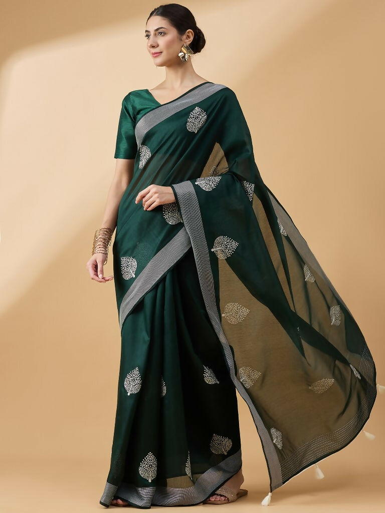 Green Cotton Blend Thread Embroidered Saree with Unstitched Blouse - Satya - Distacart