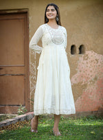 Thumbnail for Kaajh Women's White Floral Embroidered Cotton Ethnic Dress - Distacart