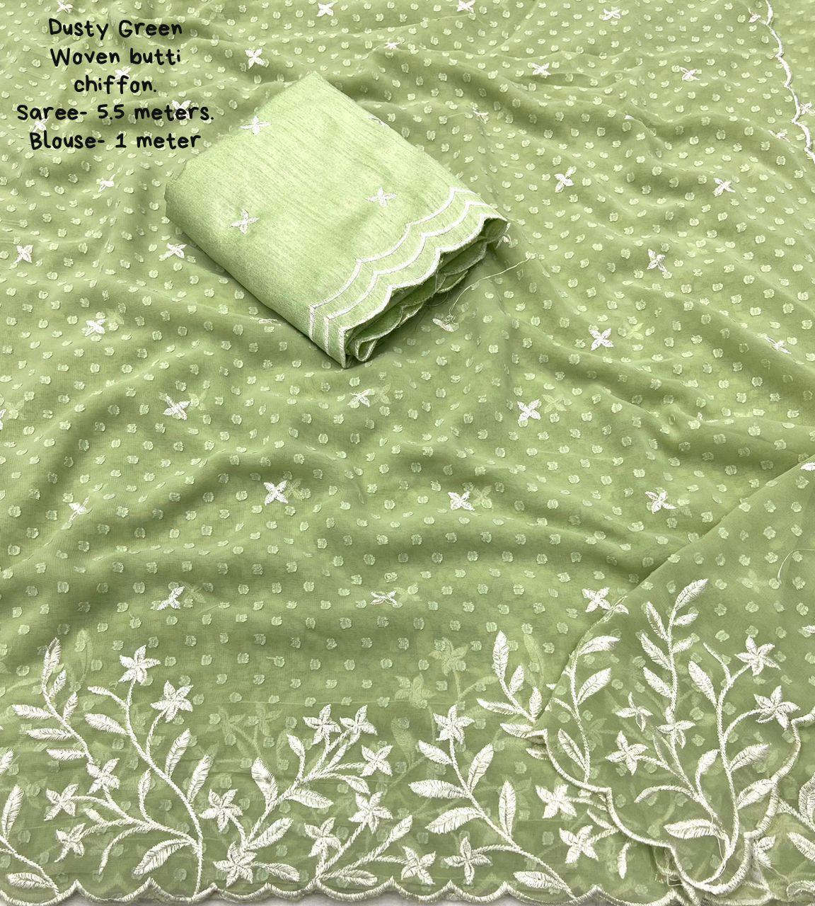 Green Pure Chiffon Woven Design Saree with Unstitched Blouse - Hiral Fashion - Distacart