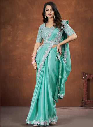 Aqua Blue Crepe Satin Silk Embroidered Saree with stitched Blouse - Mohmanthan Saha Saki - Distacart