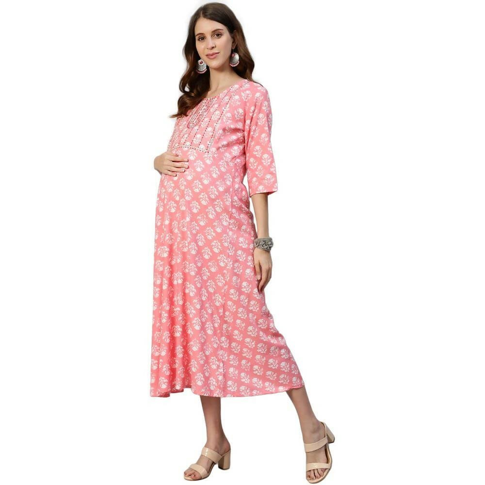 Anubhutee Women's Cotton Knee-Length Floral Printed Maternity A-Line Midi Pink Dress - Distacart