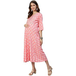 Thumbnail for Anubhutee Women's Cotton Knee-Length Floral Printed Maternity A-Line Midi Pink Dress - Distacart