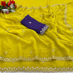 Thumbnail for Divine Drape Jimmy Choo Handwork & Embroidery Saree With Unstitched Blouse Piece - Yellow