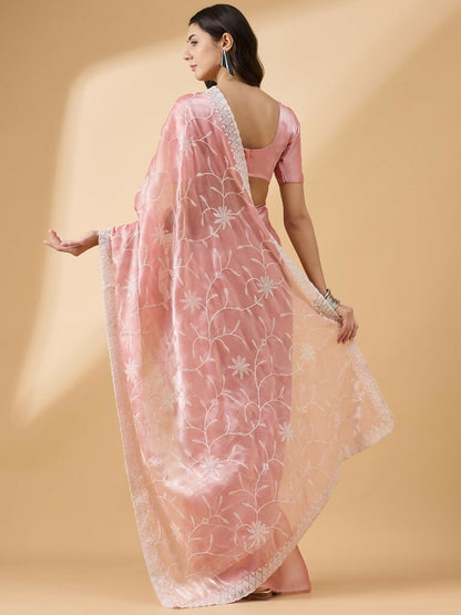 Peach Tissue Slub Embroidered Saree with Unstitched Blouse - Vairagi - Distacart