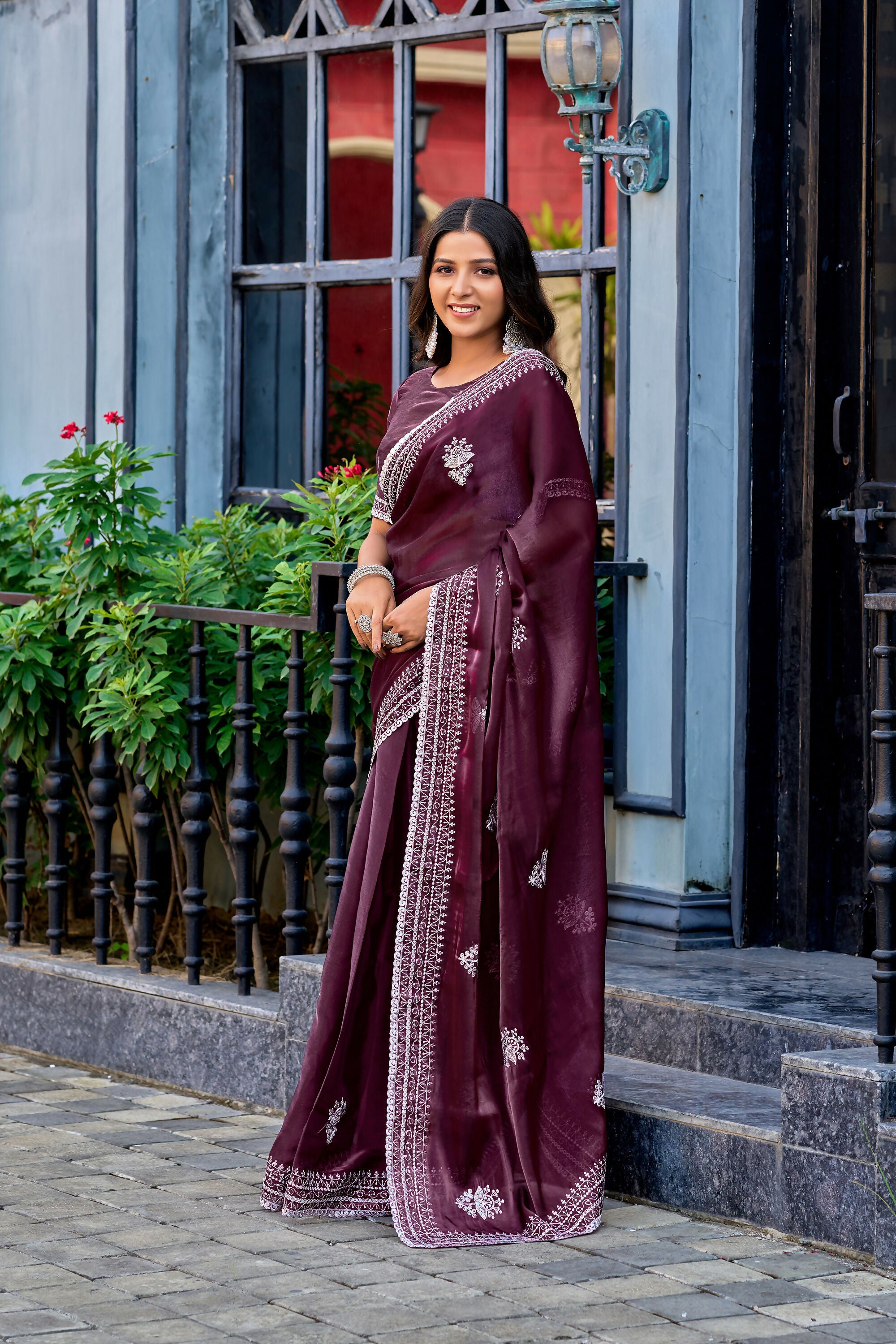 Vastranavya Wine Embroidery Work Shimmer Chiffon Saree with Unstitched Blouse