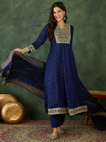 Thumbnail for The52 Blue Women's Gorgeous Embroidered Work Vichitra Silk Fabric Flared Kurta Pant and Dupatta Set - Distacart