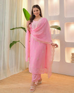 Thumbnail for The52 Pink Women's Beautiful Chikankari Work Chanderi Fabric Straight Kurta Pant and Dupatta Set - Distacart