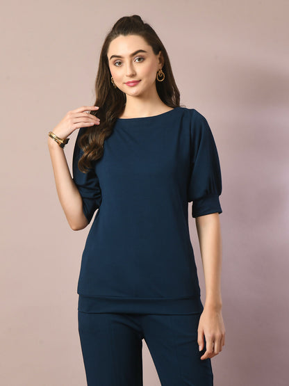 Myshka Women's Blue Solid Boat Neck Party Top - Distacart