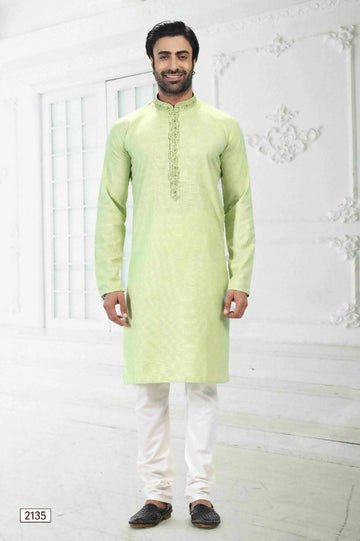 Raivat Ethnic Linen Cotton Thread Work Kurta Pajama In Pista Green Colour - Dista