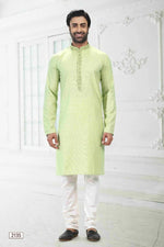Thumbnail for Raivat Ethnic Linen Cotton Thread Work Kurta Pajama In Pista Green Colour - Dista
