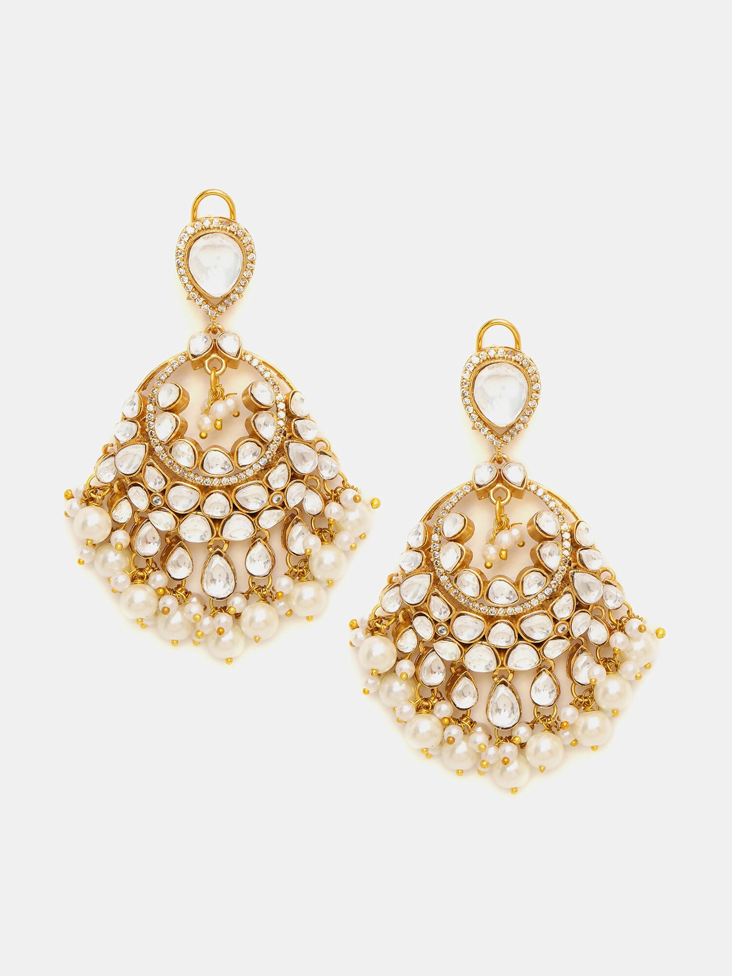 Ruby Raang Gold Polished White Chand Kundan Earrings
