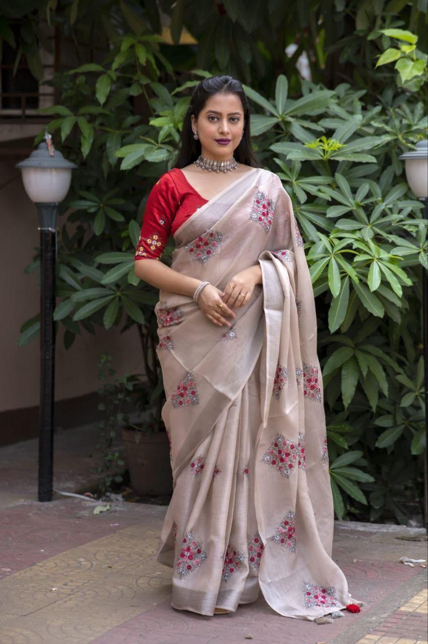 Fossil Pure Linen Ethnic Motifs Saree with Unstitched Blouse - A2M - Distacart