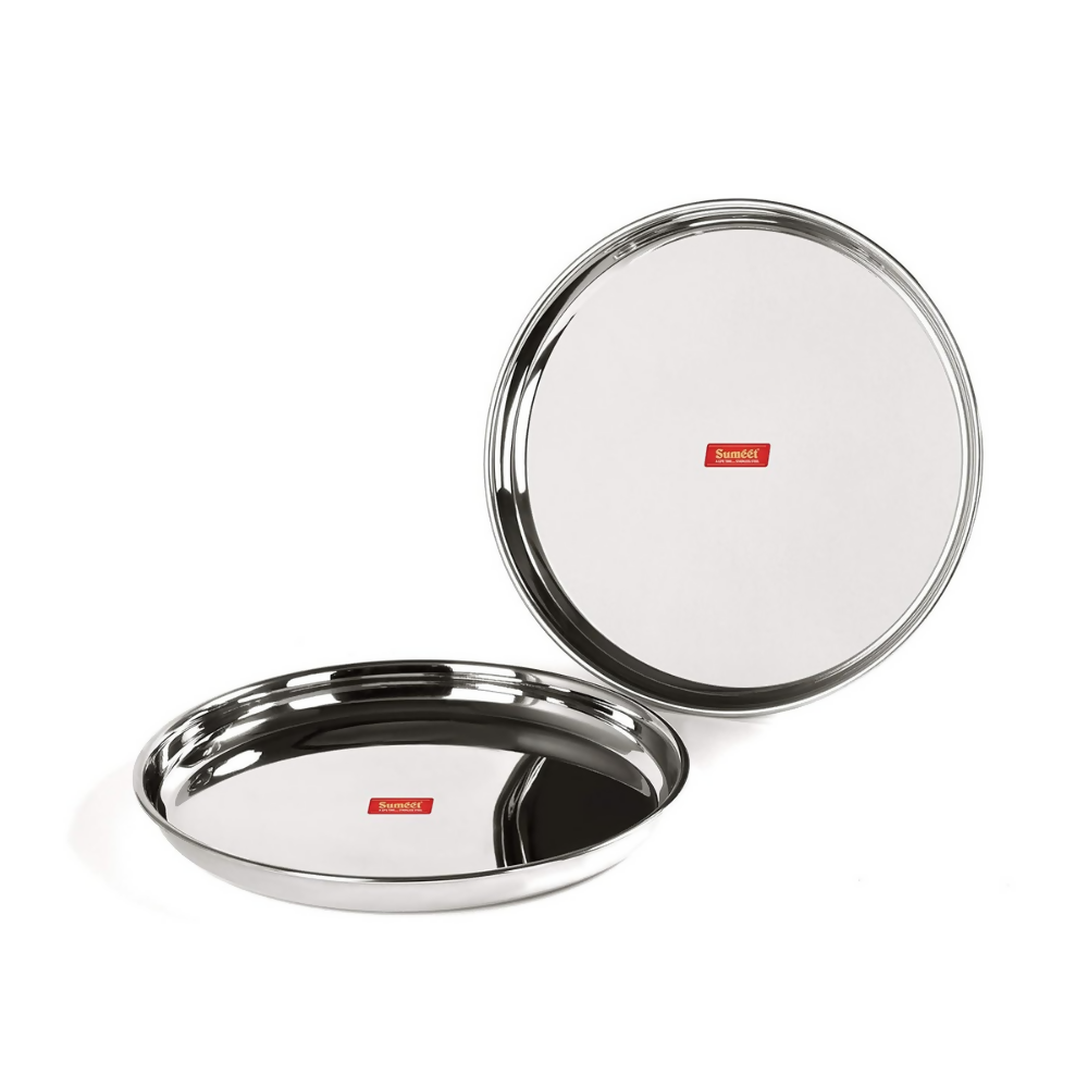 Sumeet Stainless Steel Heavy Gauge Deep Wall Dinner Plates with Mirror Finish - Dista