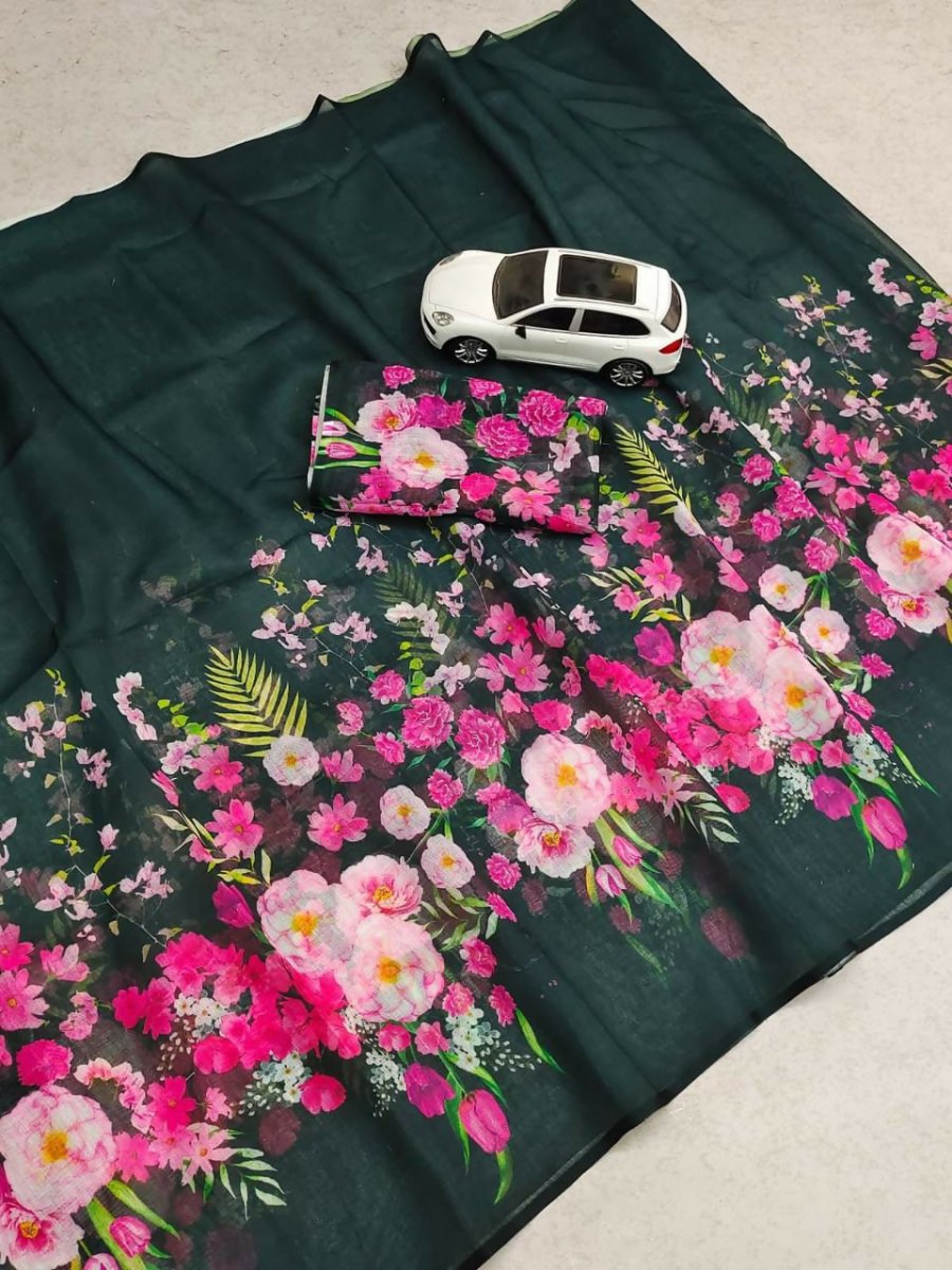 Arfa Fashion House Black Floral Pure Lilin Digital Printed Saree - Distacart