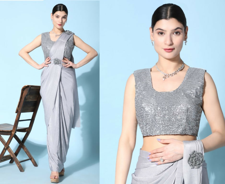 Grey Imported Crush Lycra Texture Pattern Ready to Wear Saree with stitched Blouse - Nirvana - Distacart