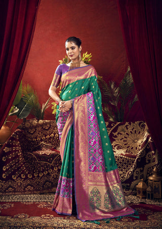 Vishnu Weaves Women's Rama Paithani Silk Saree with Blouse - Distacart