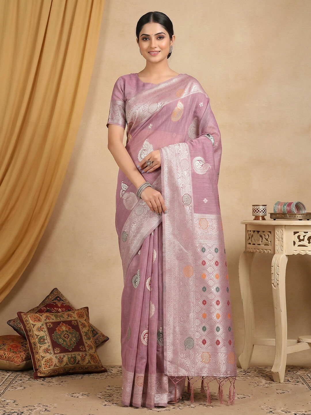 Shree Shyam Fashion Purple Linen Cotton Saree - Distacart