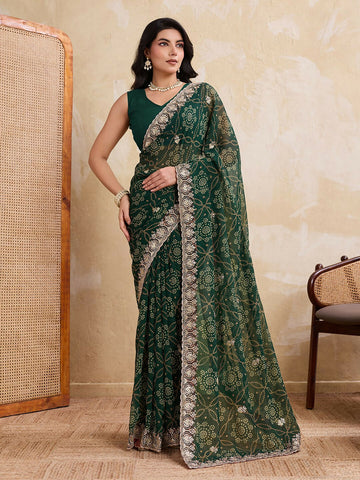 Teeya Creation New Trendy Leheriya Bandhani Georgette Saree For Daily Wear -Green - Dista