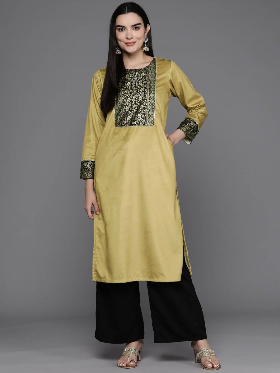 Ahalyaa Women Floral Yoke Design Gotta Patti Velvet Kurta - Mustard Color - Distacart