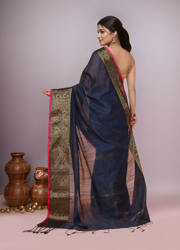 Joban Fashion Navy Blue Cotton Blend Handloom Saree