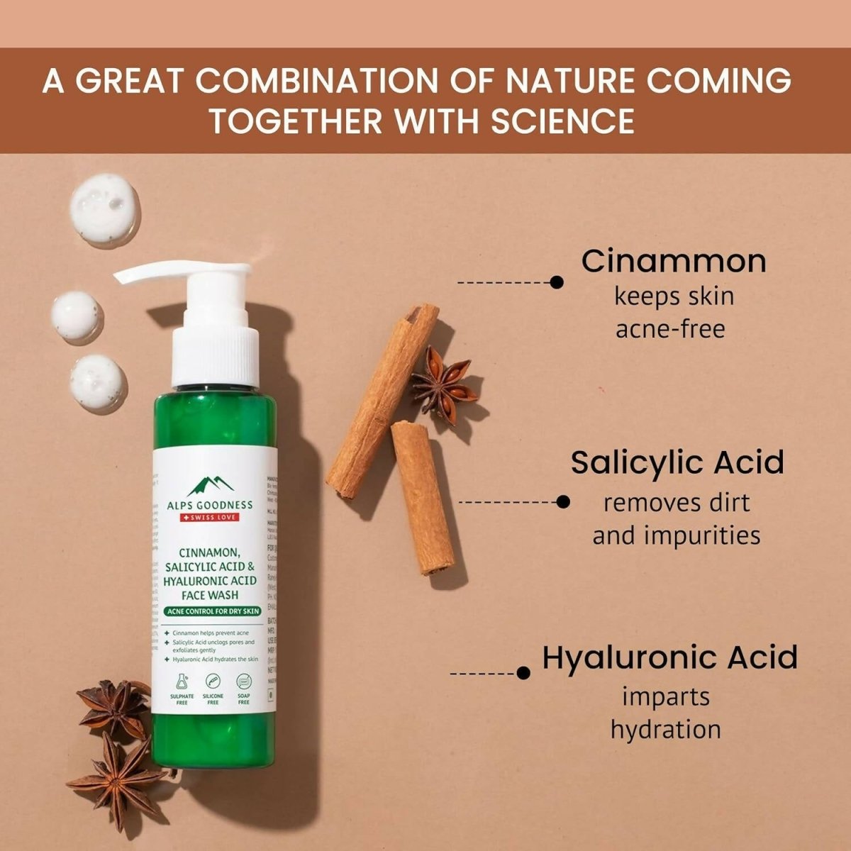 Alps Goodness Cinnamon, Salicylic Acid & Hyaluronic Acid Facewash - Distacart