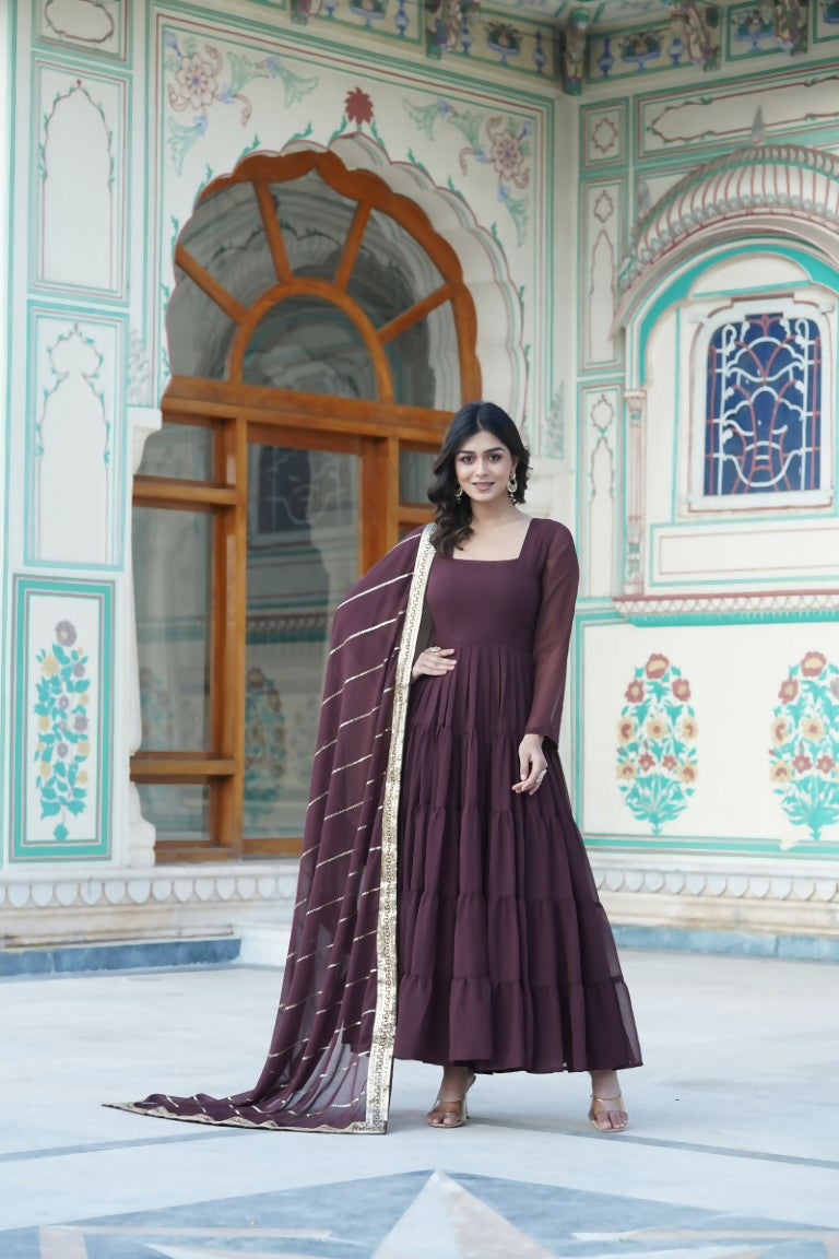 Aastha Fashion Women's Brown Faux Georgette 5 Layer Frill Work Anarkali Dress with Dupatta - Distacart
