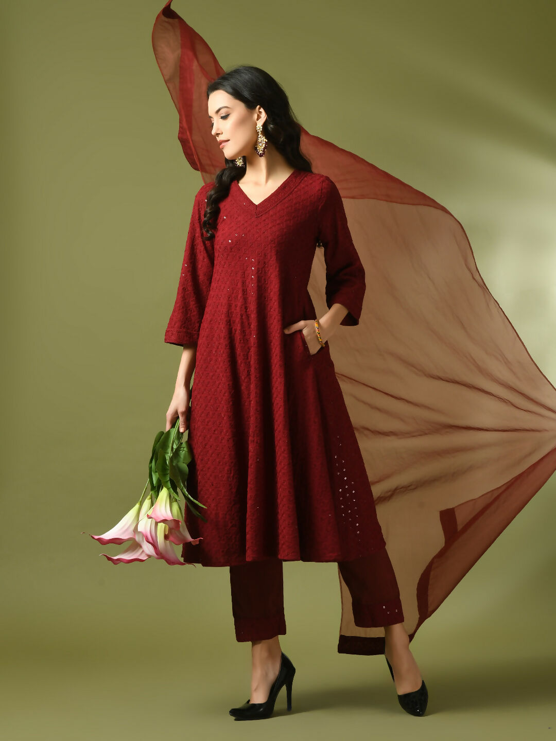 Myshka Women's Maroon Embroidered Cotton A-Line Party Kurta Set With Dupatta - Distacart